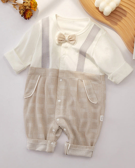 Bow Strap Decor Cotton Long Sleeve Baby Jumpsuits