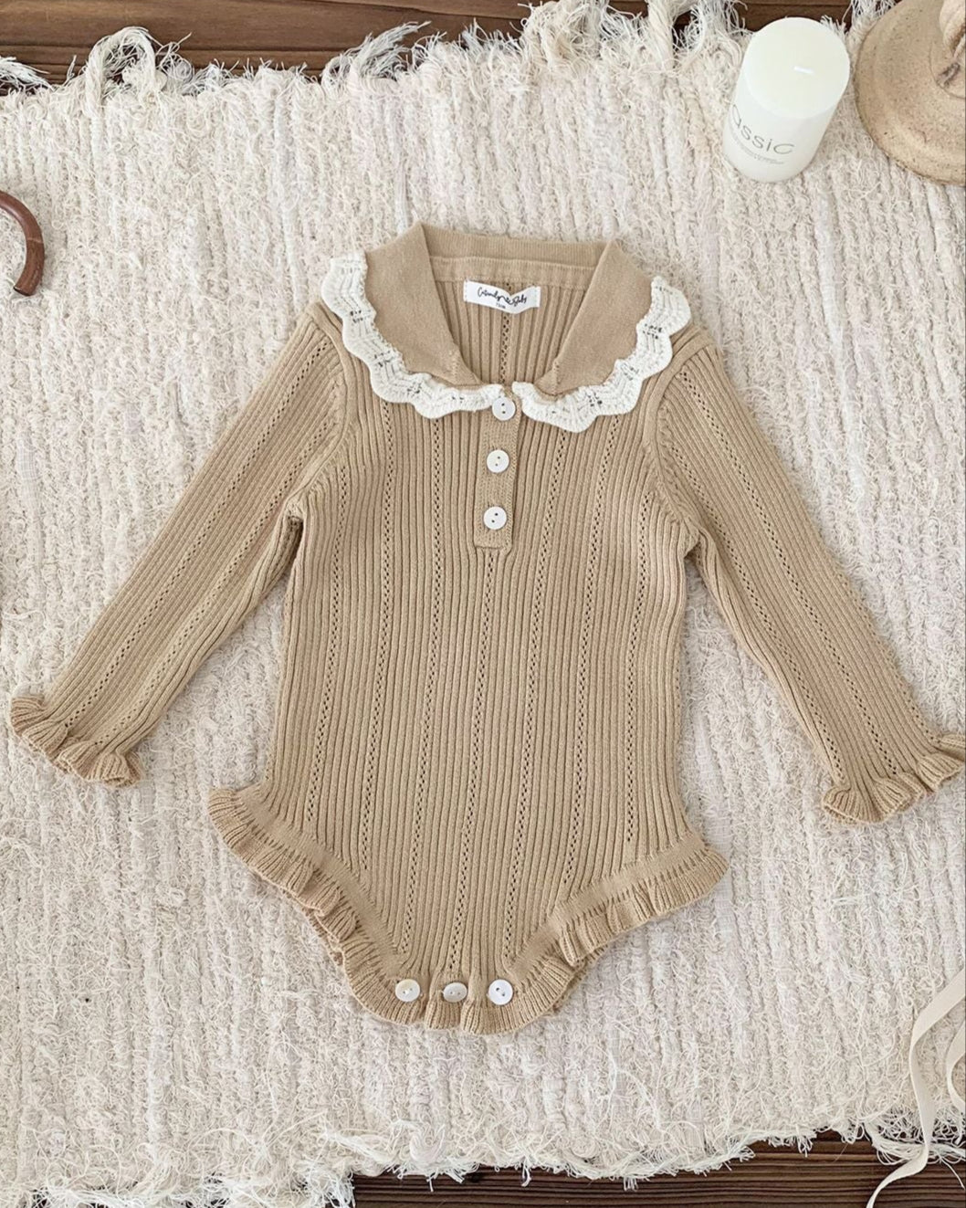 Buttoned Lace Collar Knitted Long Sleeve Baby Romper