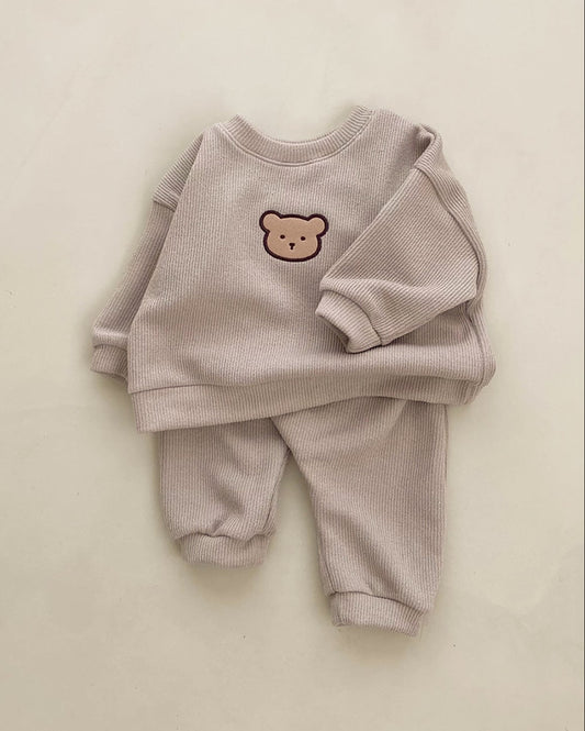 Solid Color Bear Baby Hoodie Pants 2pcs Set