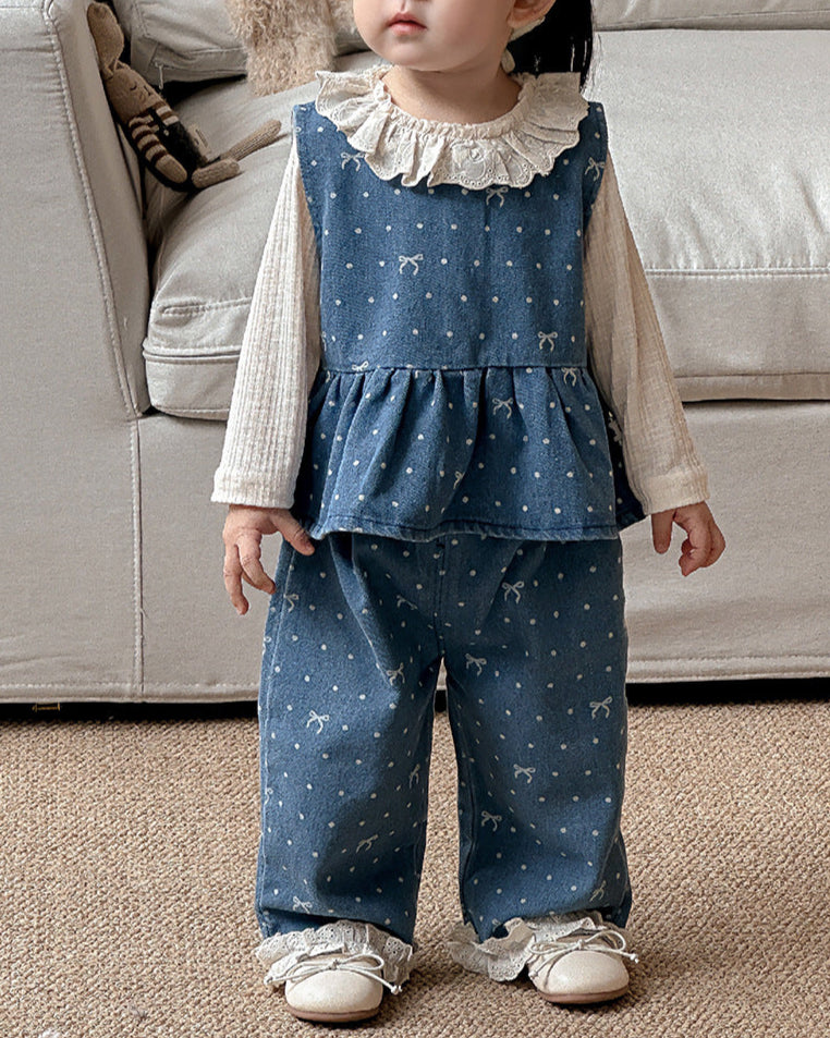 Sweet Denim Bow Dot Pattern 2pcs Set Bottoming Shirt