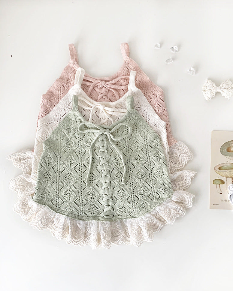 Lace-up Knitted Baby Girl Tank Top/Short Pants