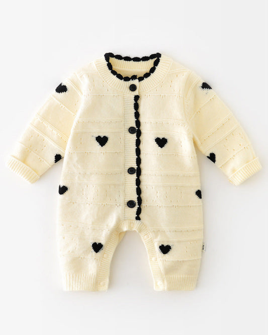 Heart Decor Knitted Buttoned Long Sleeve Baby Jumpsuits