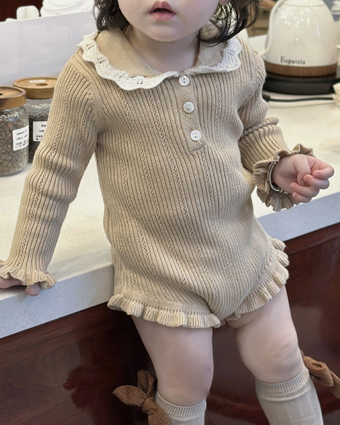 Buttoned Lace Collar Knitted Long Sleeve Baby Romper