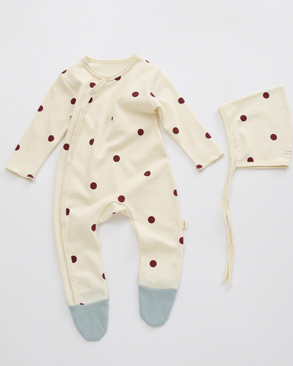 Moon Dot Cotton Foot-covering Baby Jumpsuits with Hat
