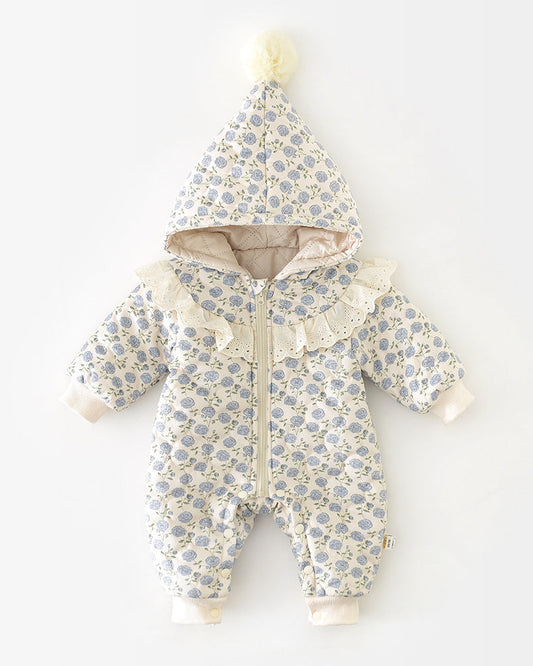 Floral Lace Zipped Baby Hooded Jumpsuits