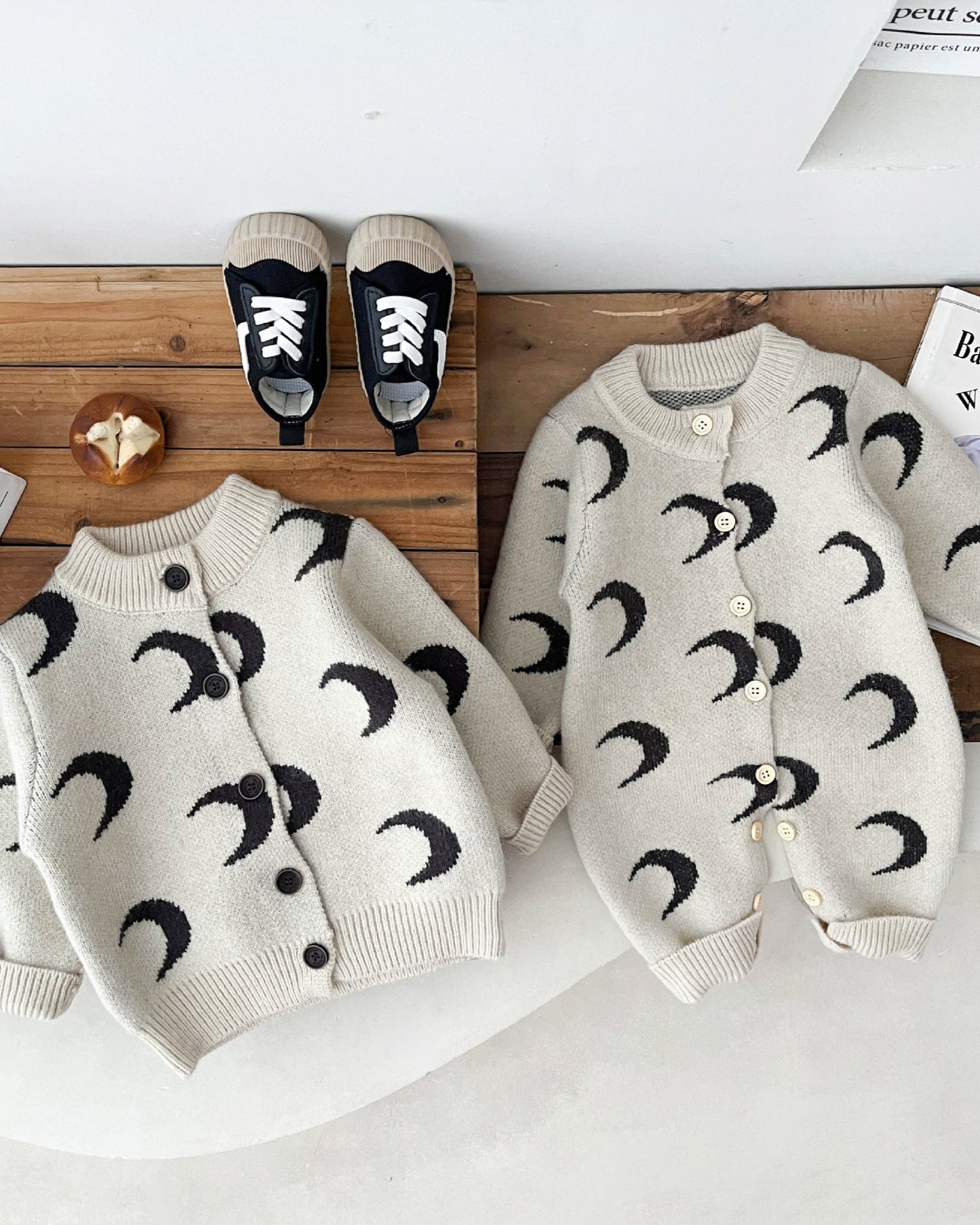 Moon Printed Knitted Baby Long Sleeve Cardigan Jumpsuits