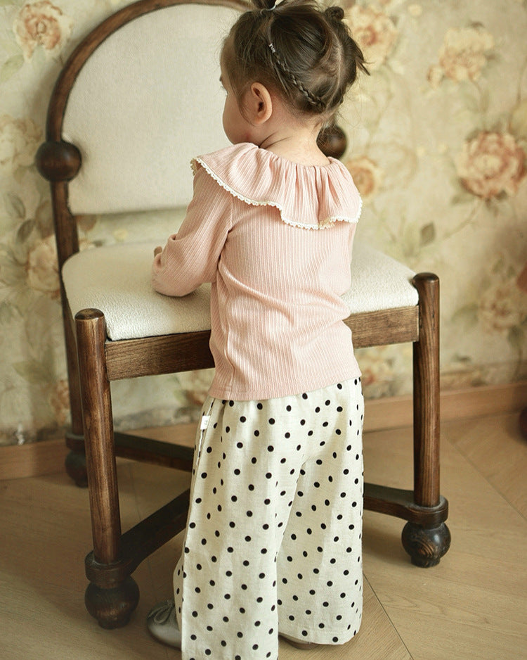 Ruffled Collar Long Sleeve Baby Girl Sweatshirt Polka Dot Pants
