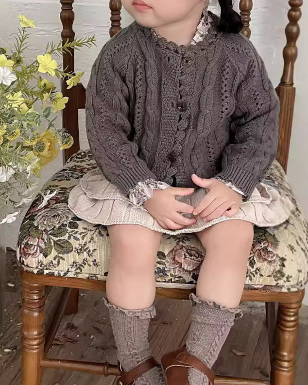Solid Color Cable-Knit Buttoned Baby Sweater Cardigan