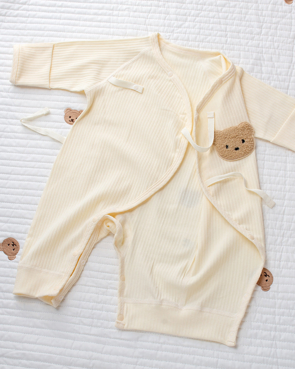 Bear Pattern Solid Color Cotton Long Sleeve Baby Jumpsuits Hat