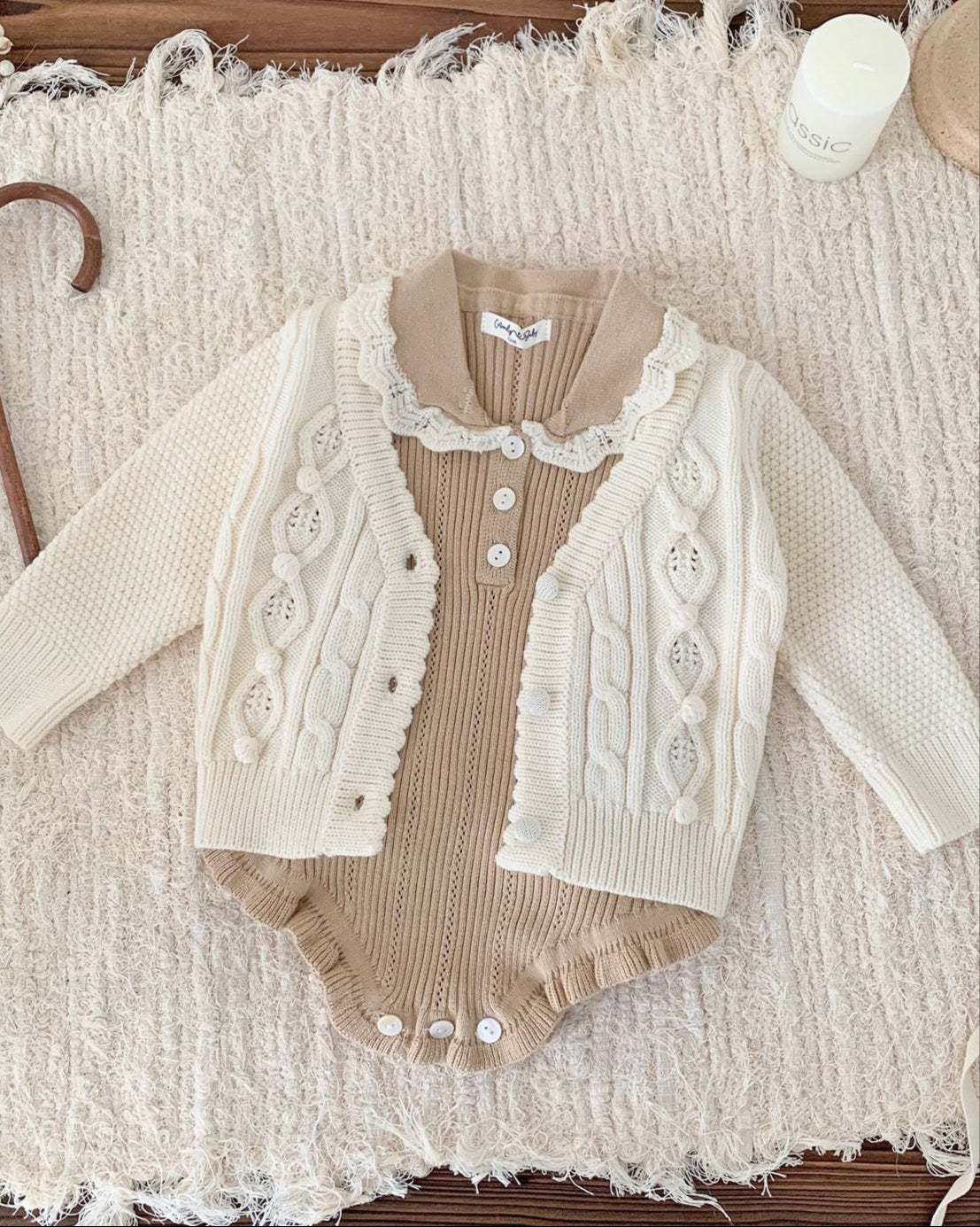 Buttoned Lace Collar Knitted Long Sleeve Baby Romper
