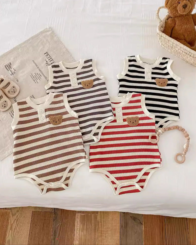 Striped Bear Head Sleeveless Baby Romper