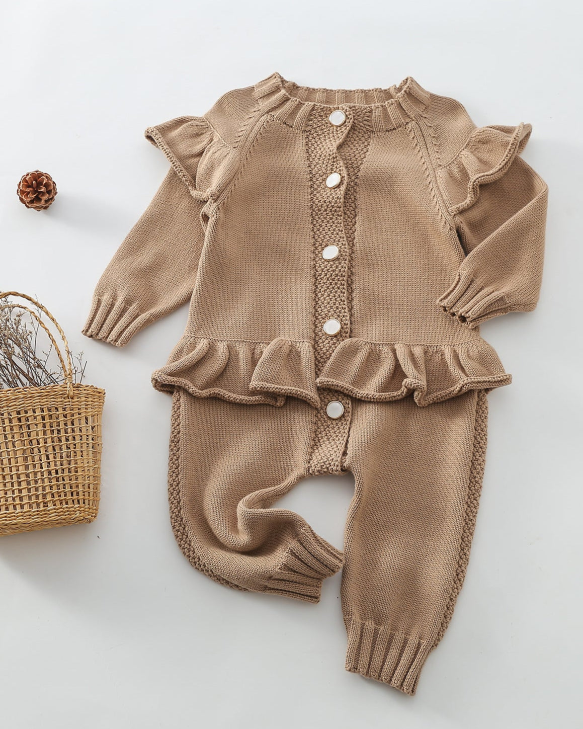Ruffled Buttoned Knitted Long Sleeve Baby Jumpsuits