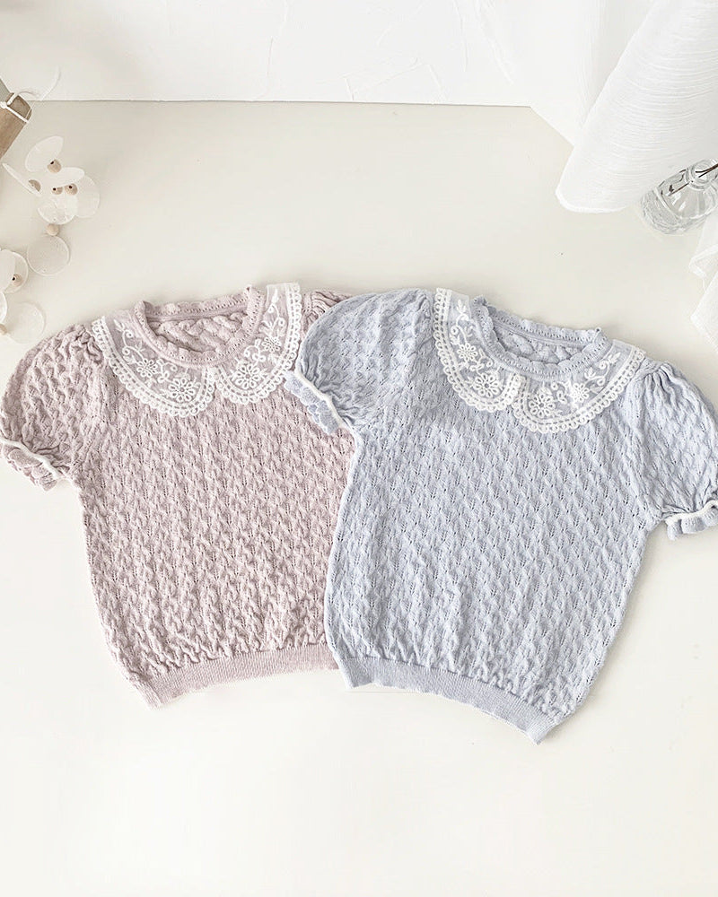 Sweet Breathable Knitted Short Sleeve Girl T-shirt