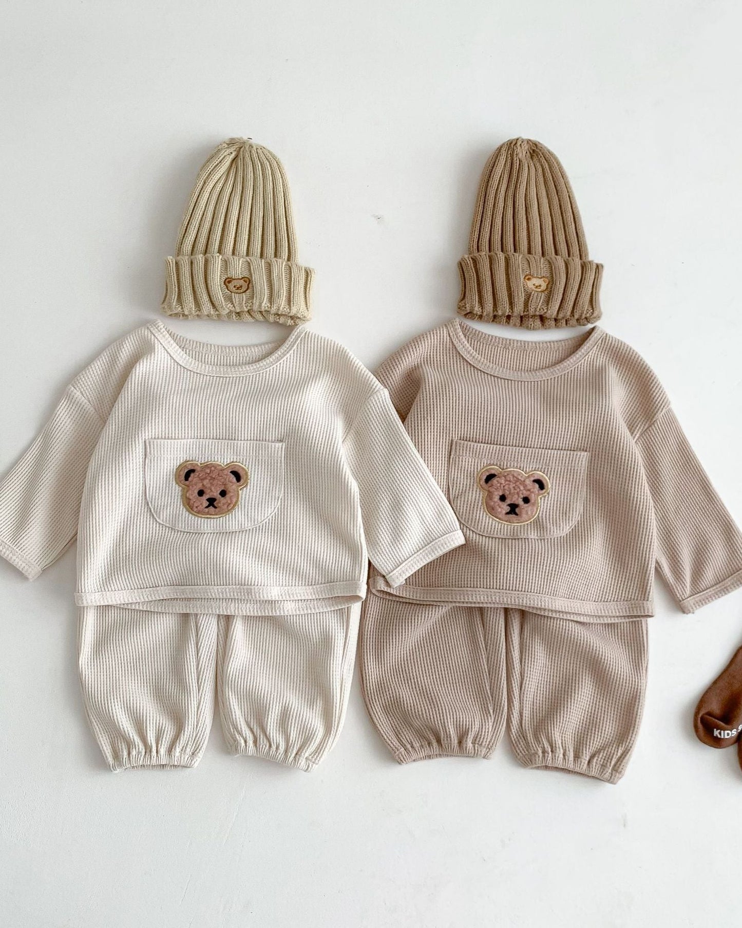 Waffled Bear Pocket Baby Pullover&Pants Set