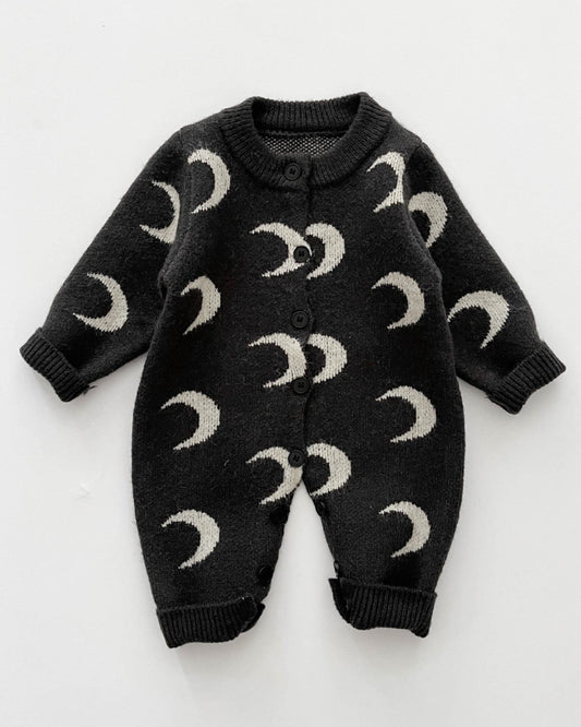 Moon Printed Knitted Baby Long Sleeve Cardigan Jumpsuits