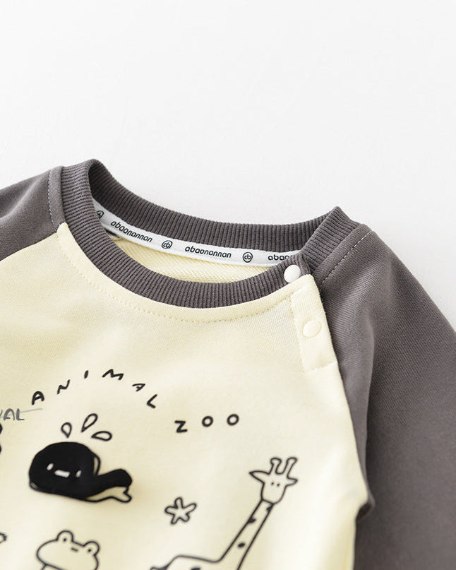 Zoo Pattern Color Block Long Sleeve Baby Jumpsuits