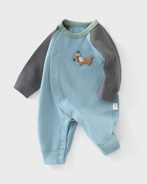 Casual Puppy Color Block Long Sleeve Baby Jumpsuits