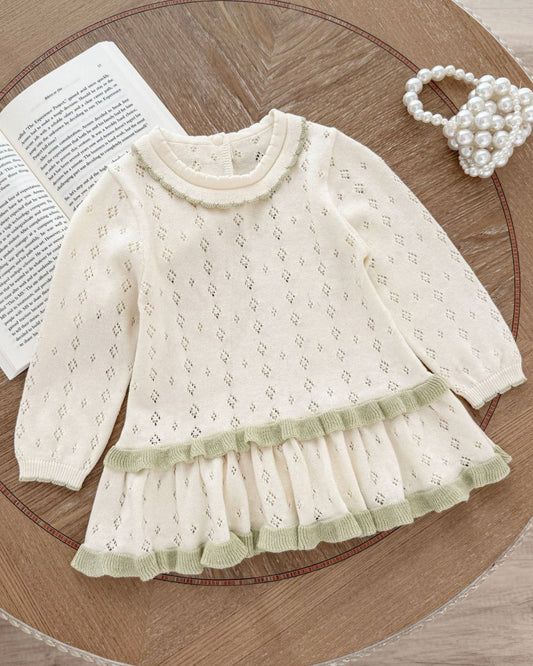 Hollow Knitted Layered Long Sleeve Baby Girl Dress