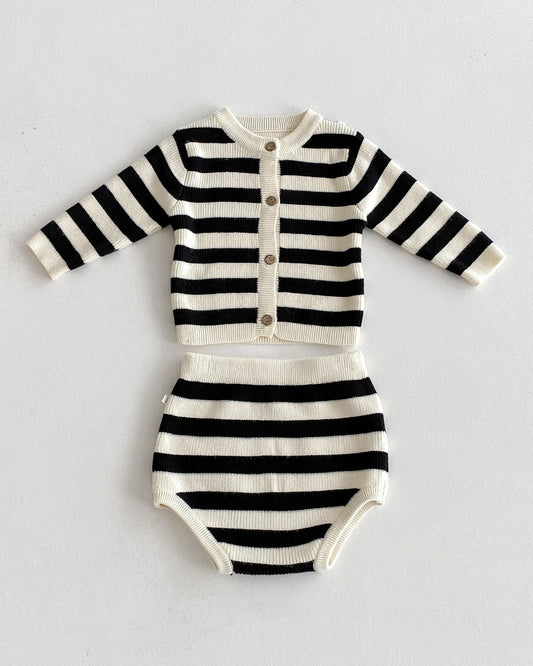 Striped Knitted Baby Cardigan Short Pants 2pcs Set