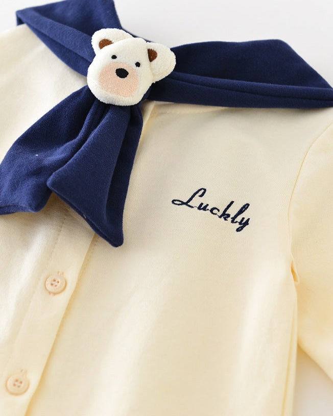 Bear Decor Navy Collar Baby Jumpsuits