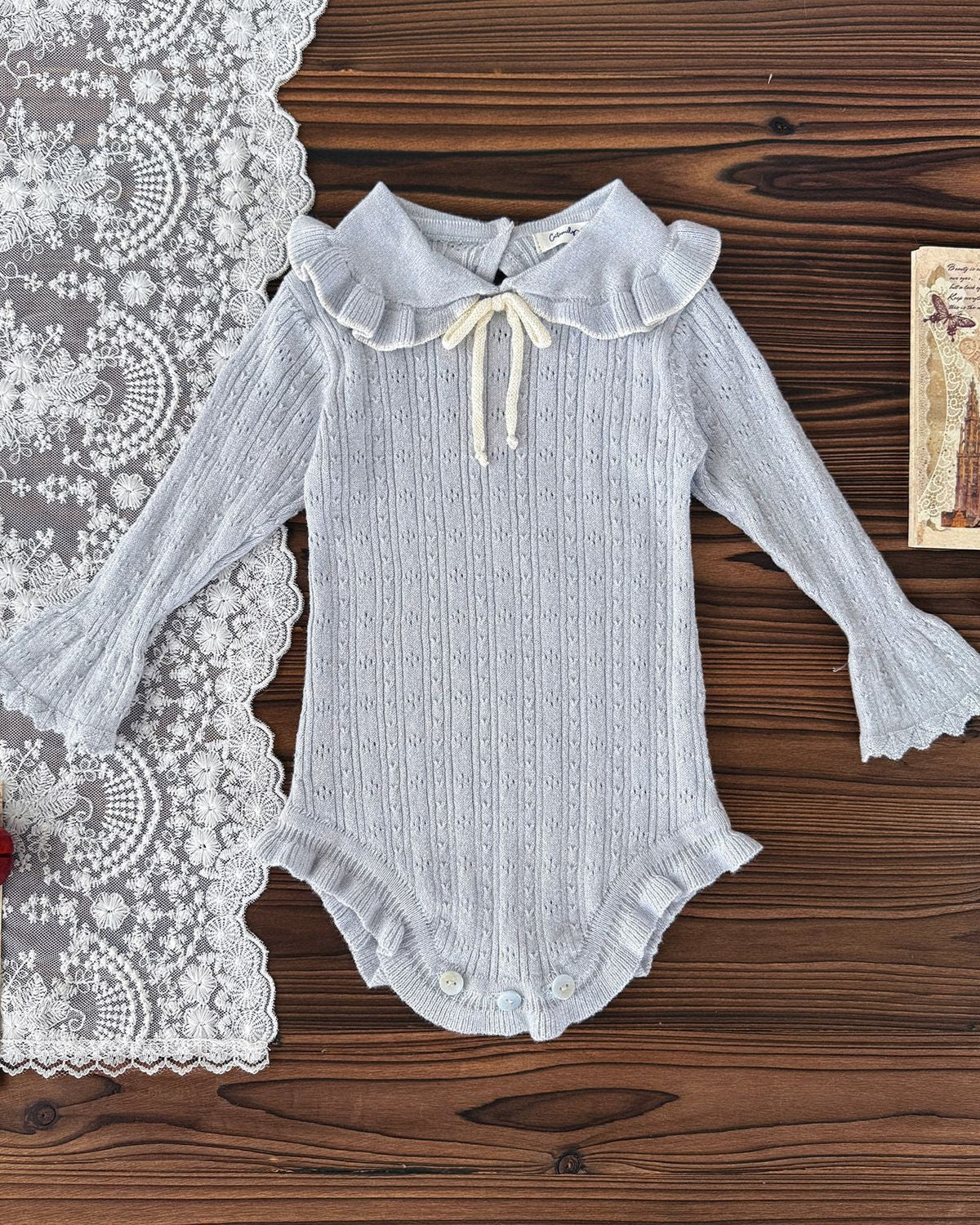 Sweet Ruffled Collar Solid Color Knitted Baby Romper