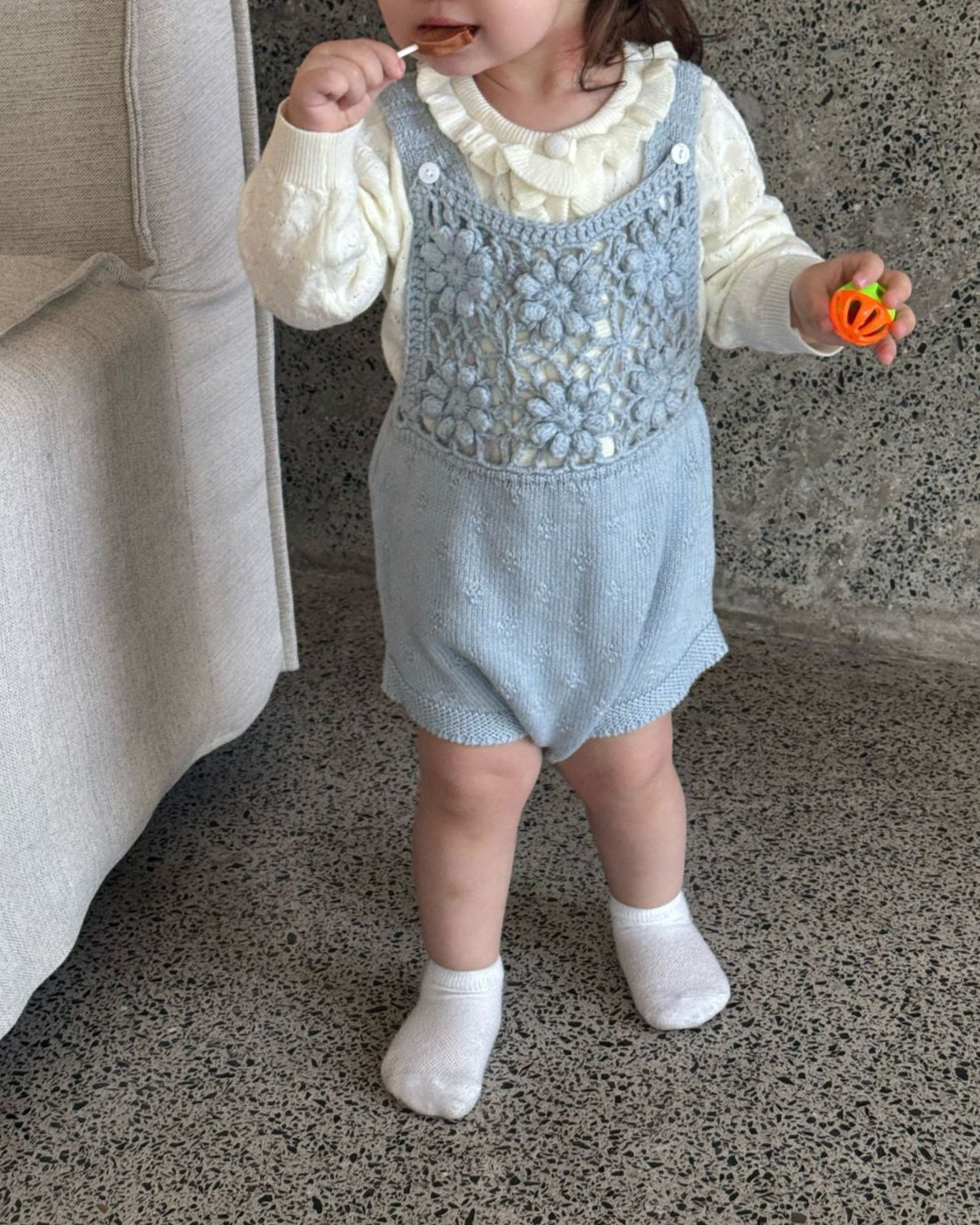 Knitted Crochet Floral Sleeveless Baby Girl Romper Hat