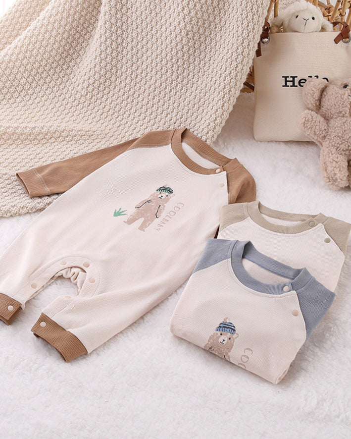 Bear Printed Color Block Long Sleeve Baby Jumpsuits