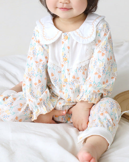 Cotton Sweet Floral Collar Long Sleeve Baby Jumpsuits