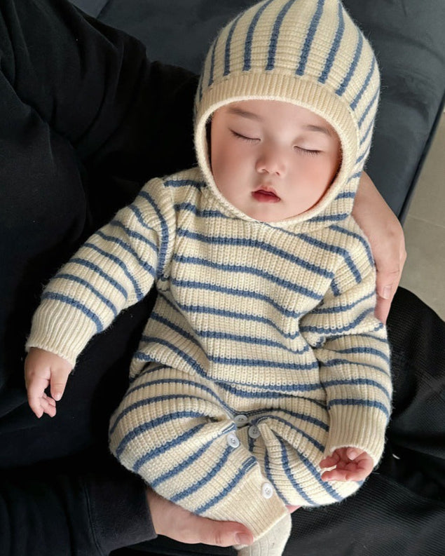 Casual Striped Knitted Long Sleeve Jumpsuits Hoodie