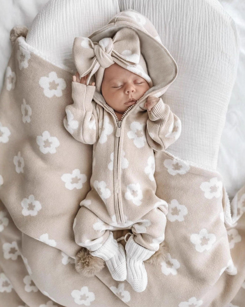 Flower Zipped Knitted Hooded Baby Jumpsuits