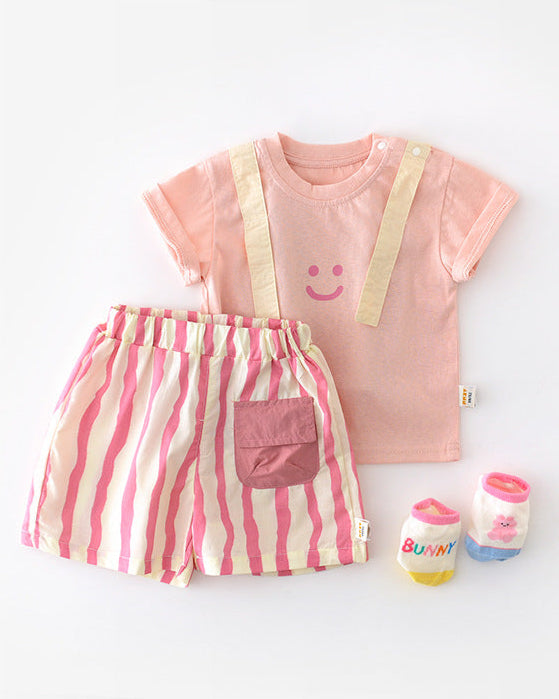 Casual Striped Pocket Design Baby Short Pants/Set