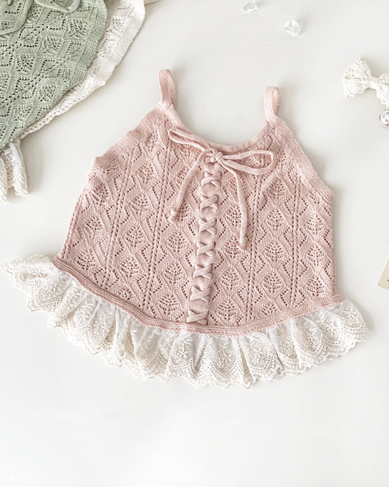 Lace-up Knitted Baby Girl Tank Top/Short Pants
