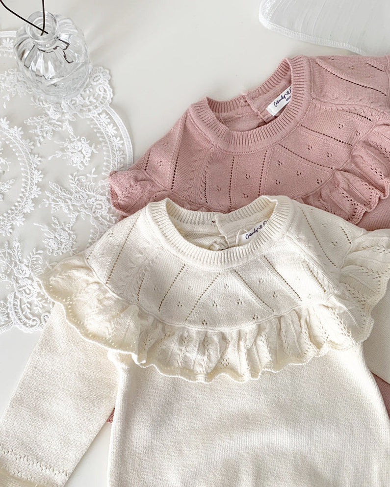 Sweet Ruffled Collar Long Sleeve Knitted Baby Romper
