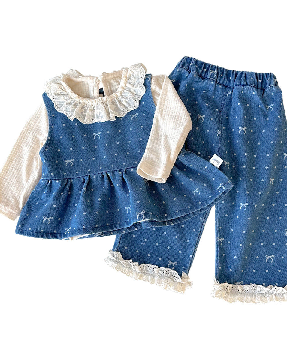Sweet Denim Bow Dot Pattern 2pcs Set Bottoming Shirt