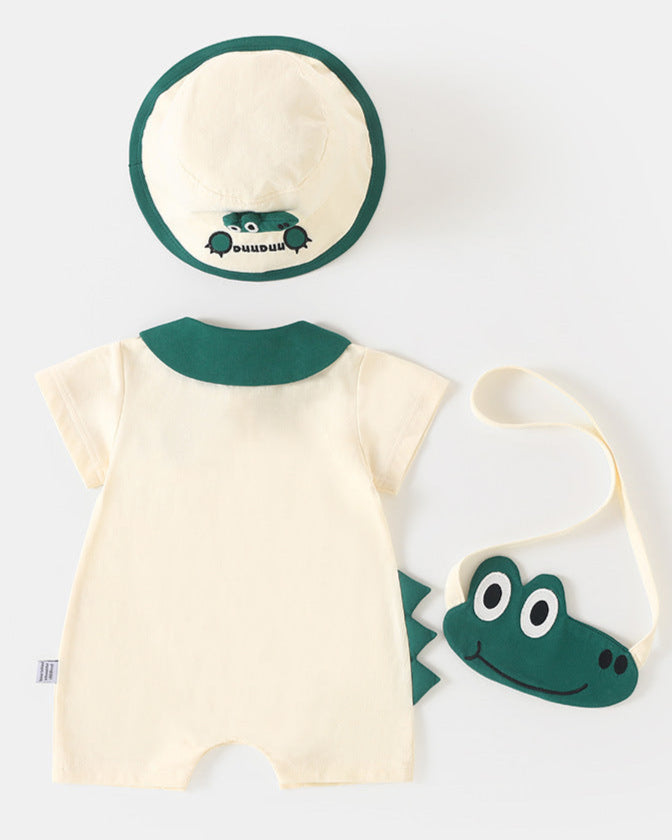 Crocodile Pattern Short Sleeve Baby Jumpsuits Hat Bag