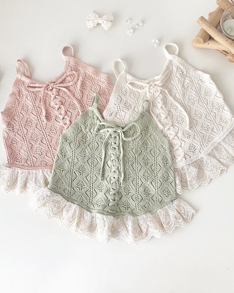 Lace-up Knitted Baby Girl Tank Top/Short Pants