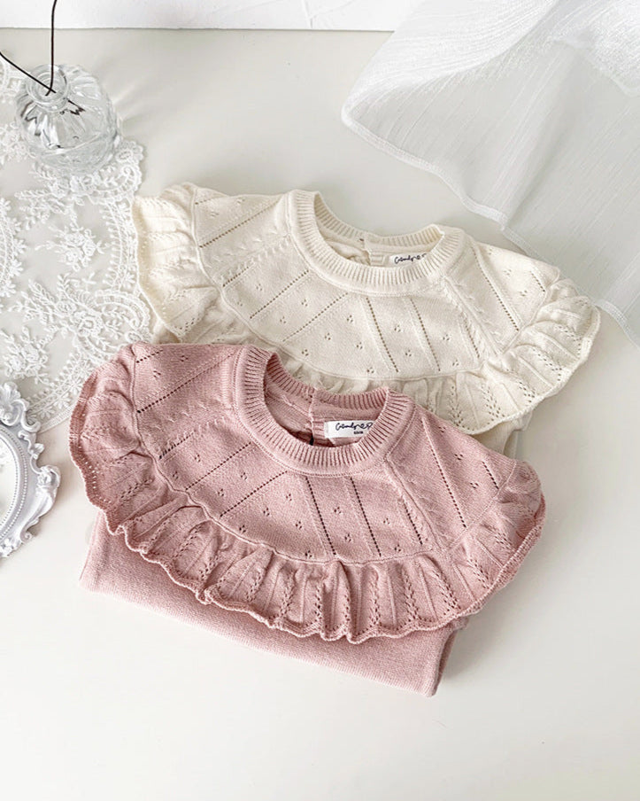 Sweet Ruffled Collar Long Sleeve Knitted Baby Romper