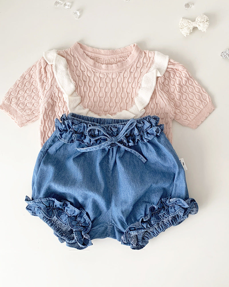 Sweet Breathable Knitted Short Sleeve Girl T-shirt