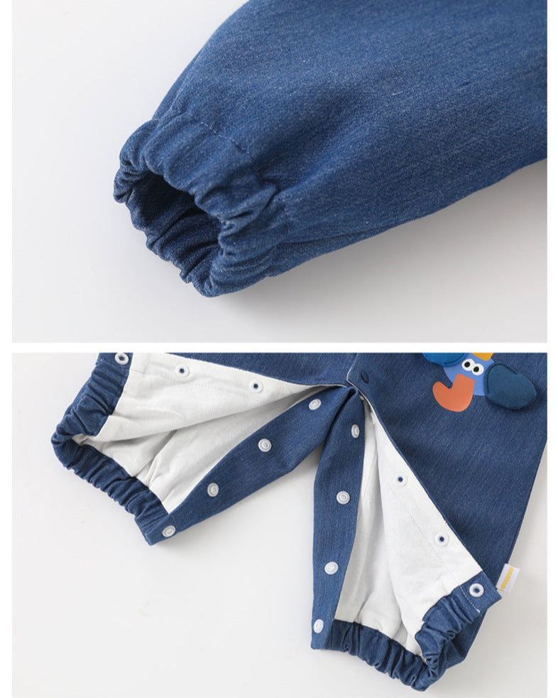 Denim Crocodile Tree Decor Long Sleeve Baby Jumpsuits