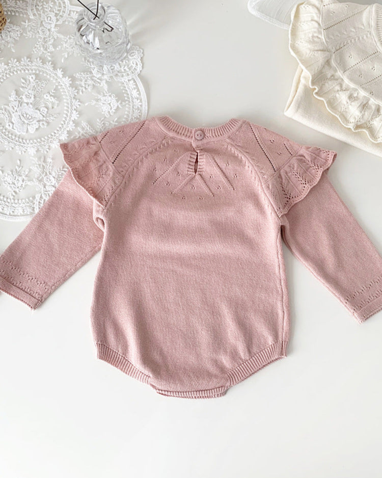 Sweet Ruffled Collar Long Sleeve Knitted Baby Romper