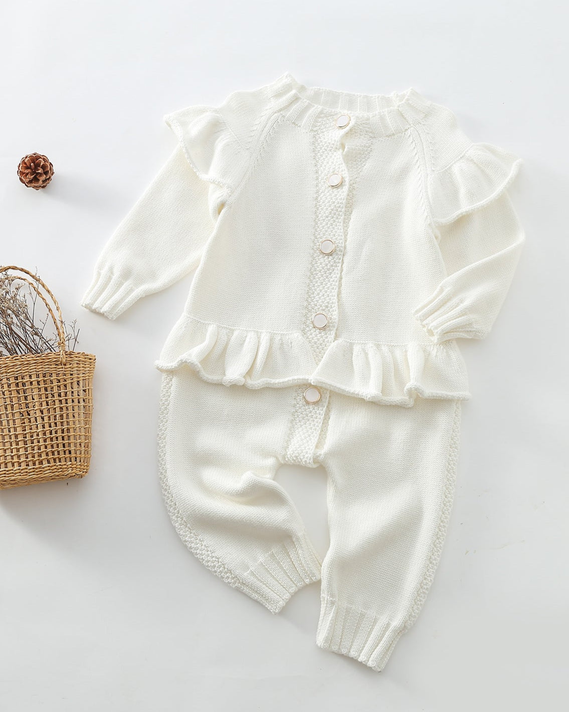 Ruffled Buttoned Knitted Long Sleeve Baby Jumpsuits