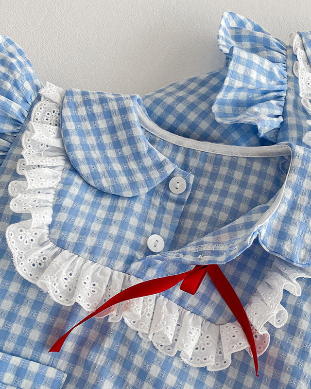 Ruffled Sleeve Plaid Girl Dress/Baby Romper