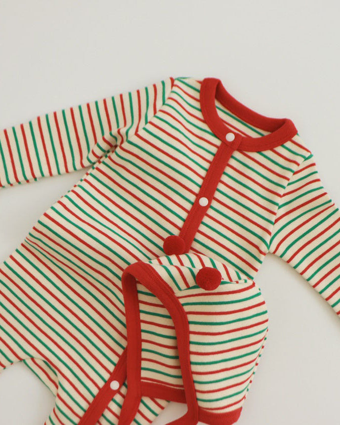 Christmas Striped Baby Jumpsuits with Hat