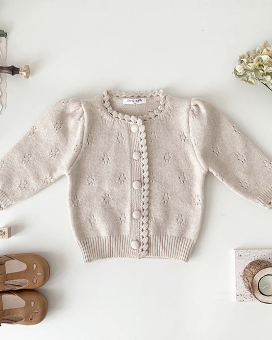 Puffy Sleeve Buttoned Knitted Baby Sweater Cardigan