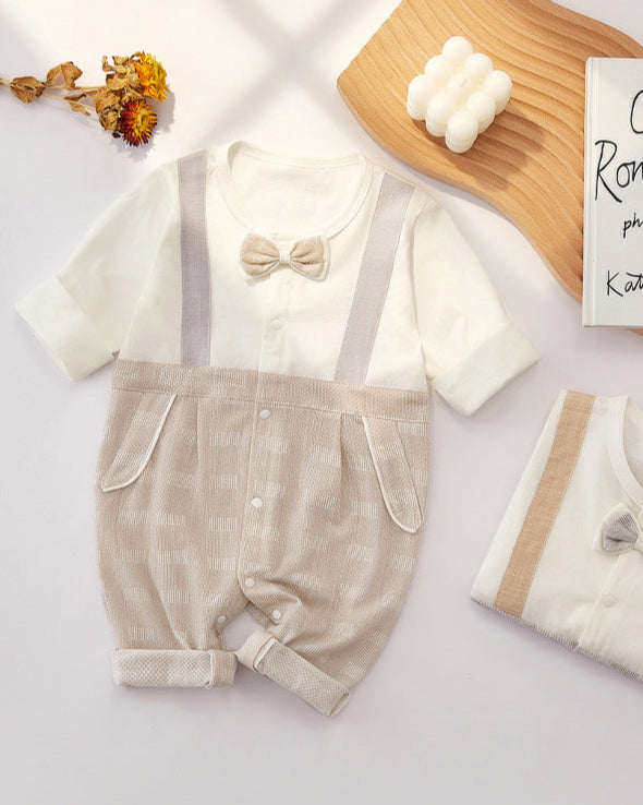 Bow Strap Decor Cotton Long Sleeve Baby Jumpsuits