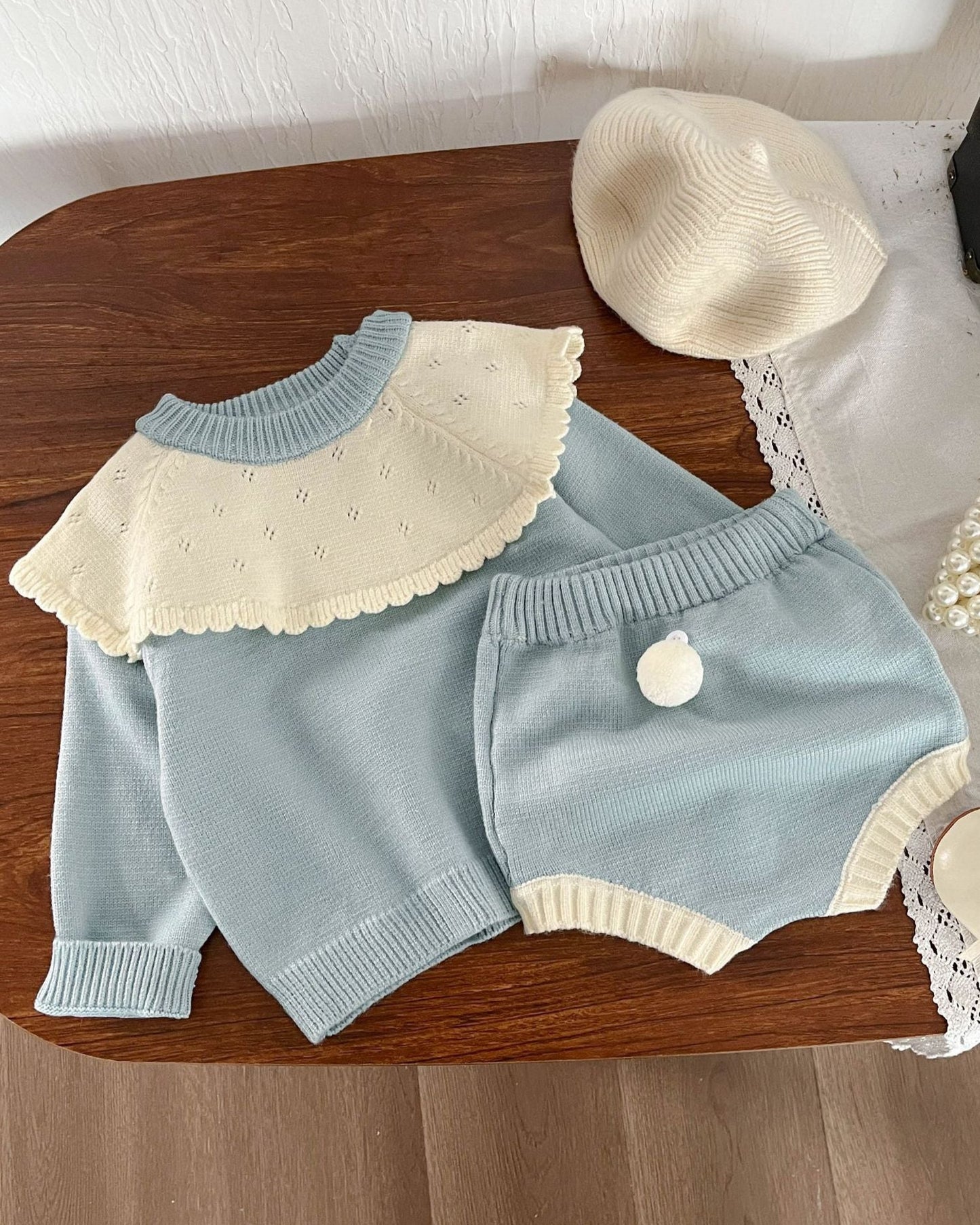 Lace Collar Knitted Baby Girl Sweater Short Pants 2pcs Set