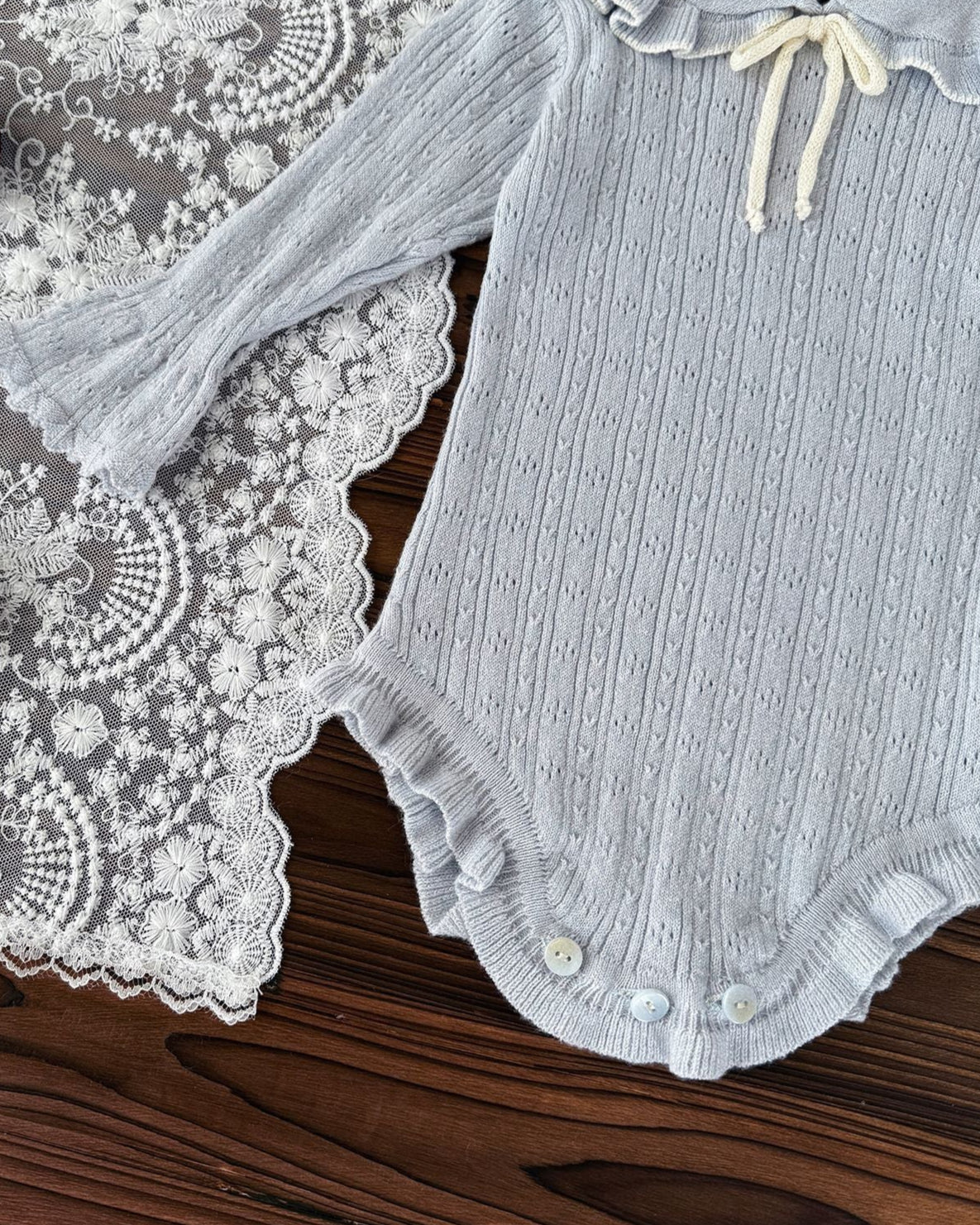 Lace-up Ruffled Bell Sleeve Knitted Baby Romper
