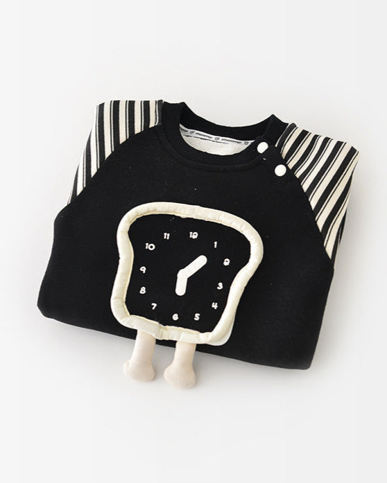 Clock Pattern Striped Fleece Baby Jumpsuits