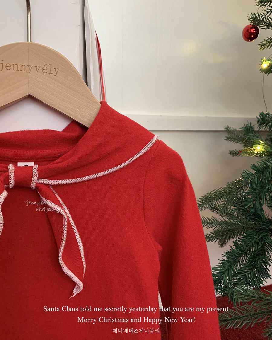 Knotted Bow Collar Cotton Long Sleeve Baby Top