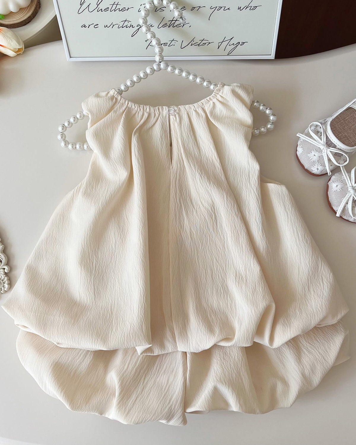 Beige Sweet Bow Decor Girl Dress/Outfit